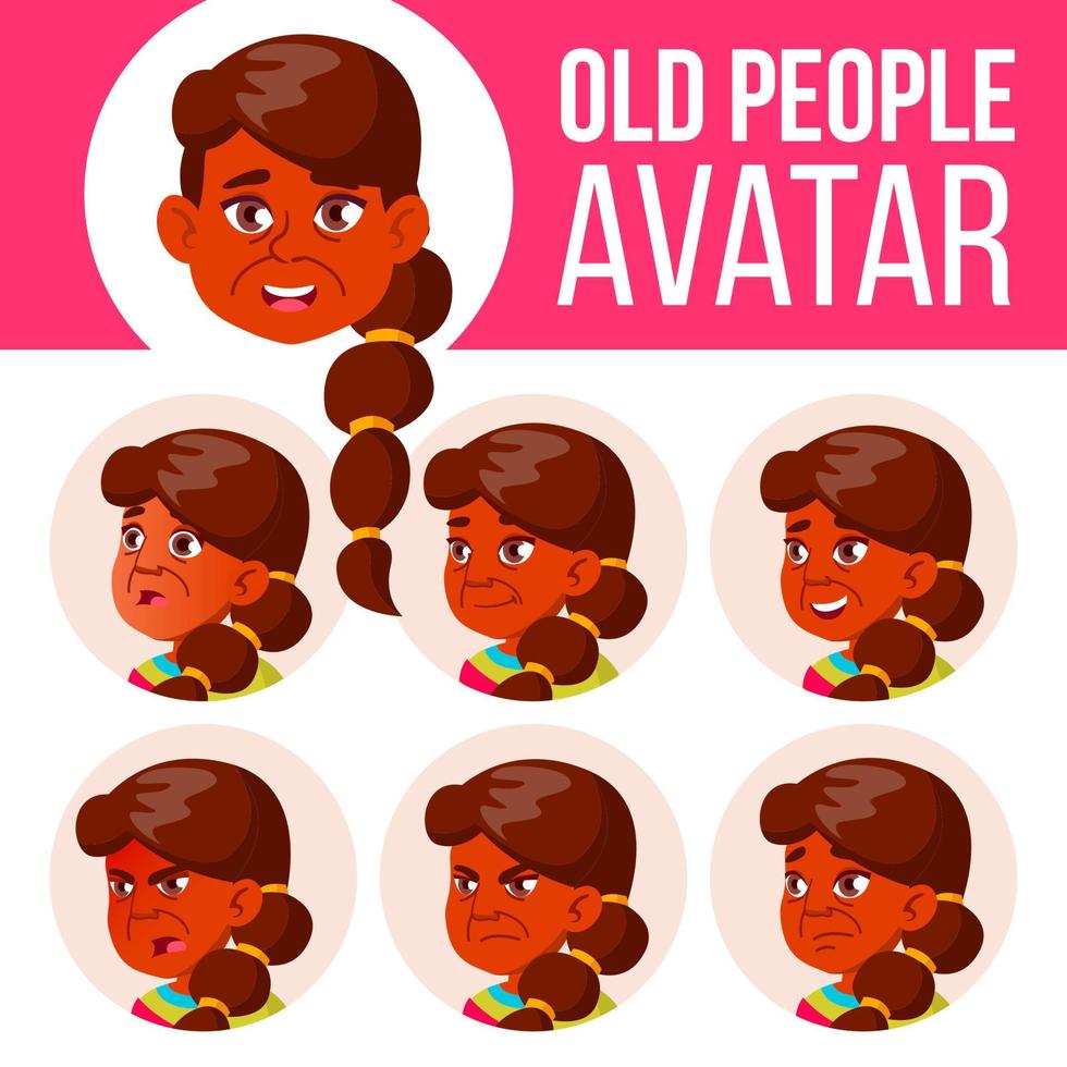 Indian Old Woman Avatar Set Vector. Face Emotions. Senior Person Portrait. Elderly People. Aged. Head, Icon. Happiness Enjoyment. Cartoon Head Illustration vector