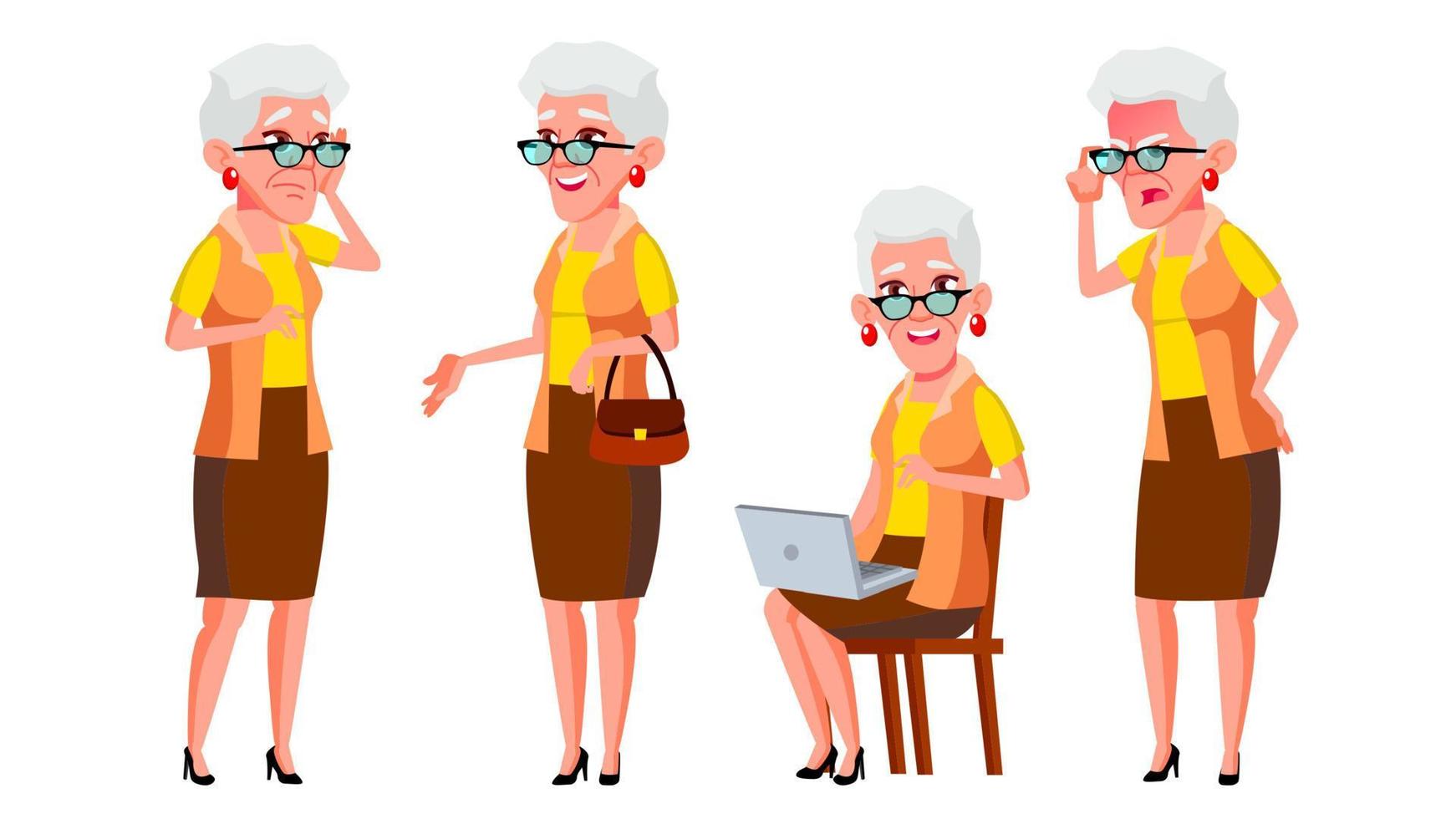Old Woman Poses Set Vector. Elderly People. Senior Person. Aged. Positive Pensioner. Advertising, Placard, Print Design. Isolated Cartoon Illustration vector