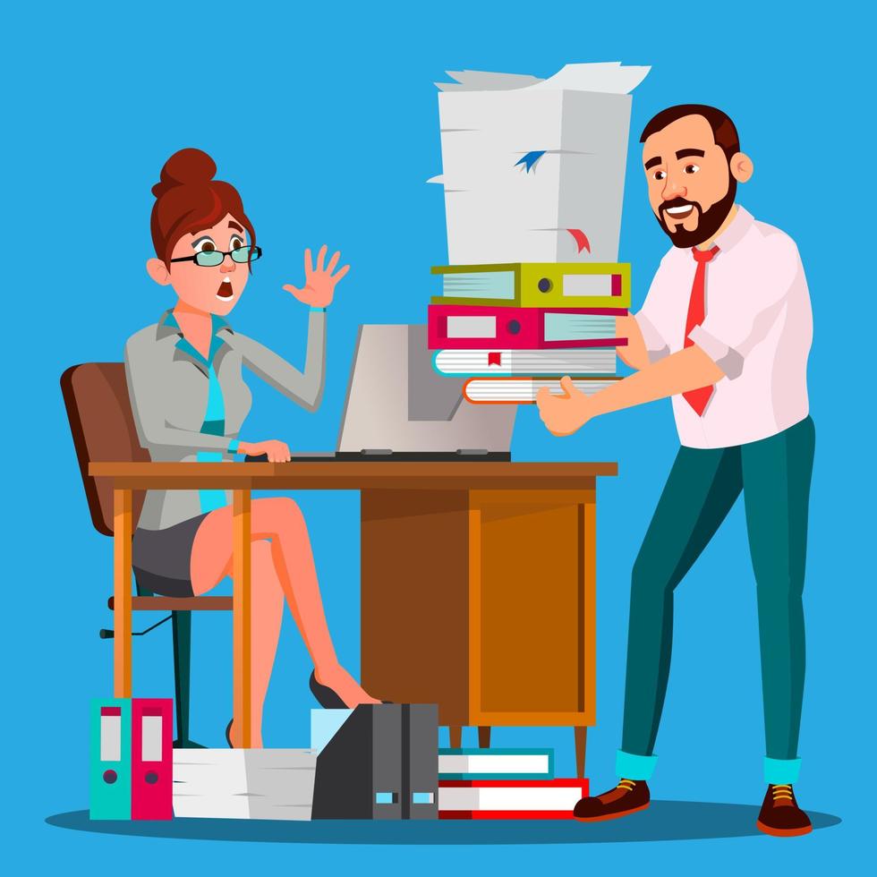 Boss Puts A Stack Of Documents To Stressfull Employee With Full Table Of Documents Vector. Isolated Illustration vector