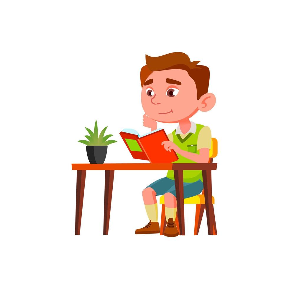 Boy Child Reading Interesting Book At Table Vector