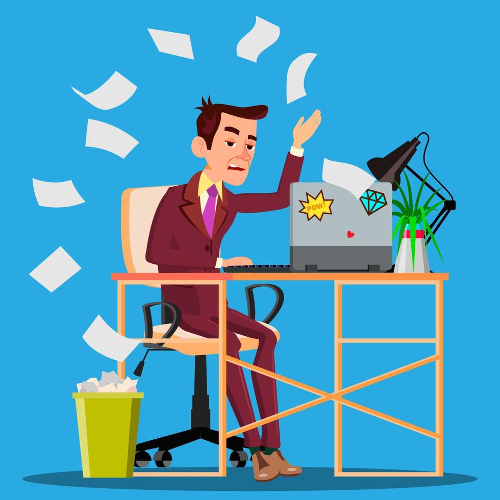 Angry Manager Siting At Table Crumples The Paper And Throwing It In Paper Basket Vector. Isolated Illustration vector
