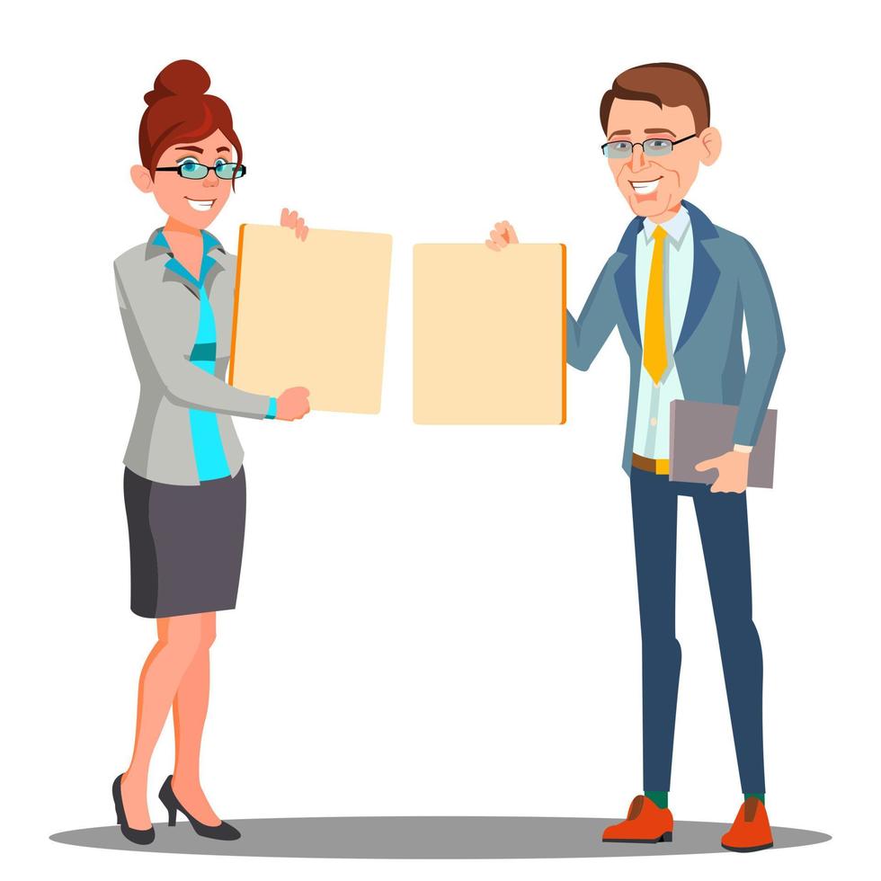 Businessman, Business Woman In Suits Holding Empty Banner Vector. Isolated Illustration vector