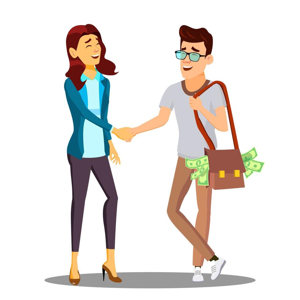 Lending, Manager Woman In Suit Shaking Hands With Client Vector. Isolated Illustration vector