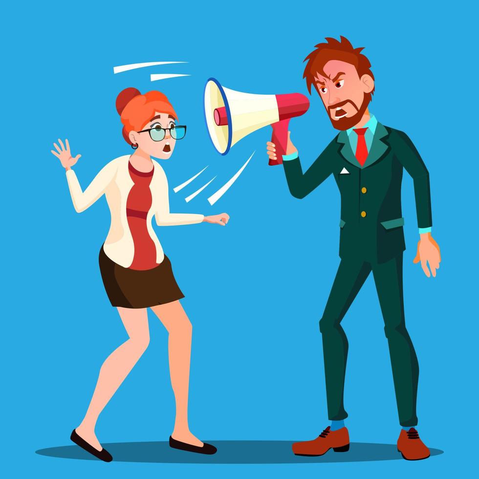 Angry Boss Man Screaming In Megaphone At Scared Woman Empolyee Vector. Isolated Illustration vector
