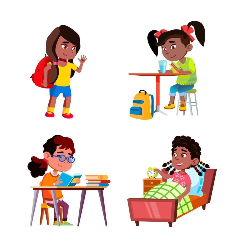 Kids Girls Daily Routine Activities Set Vector