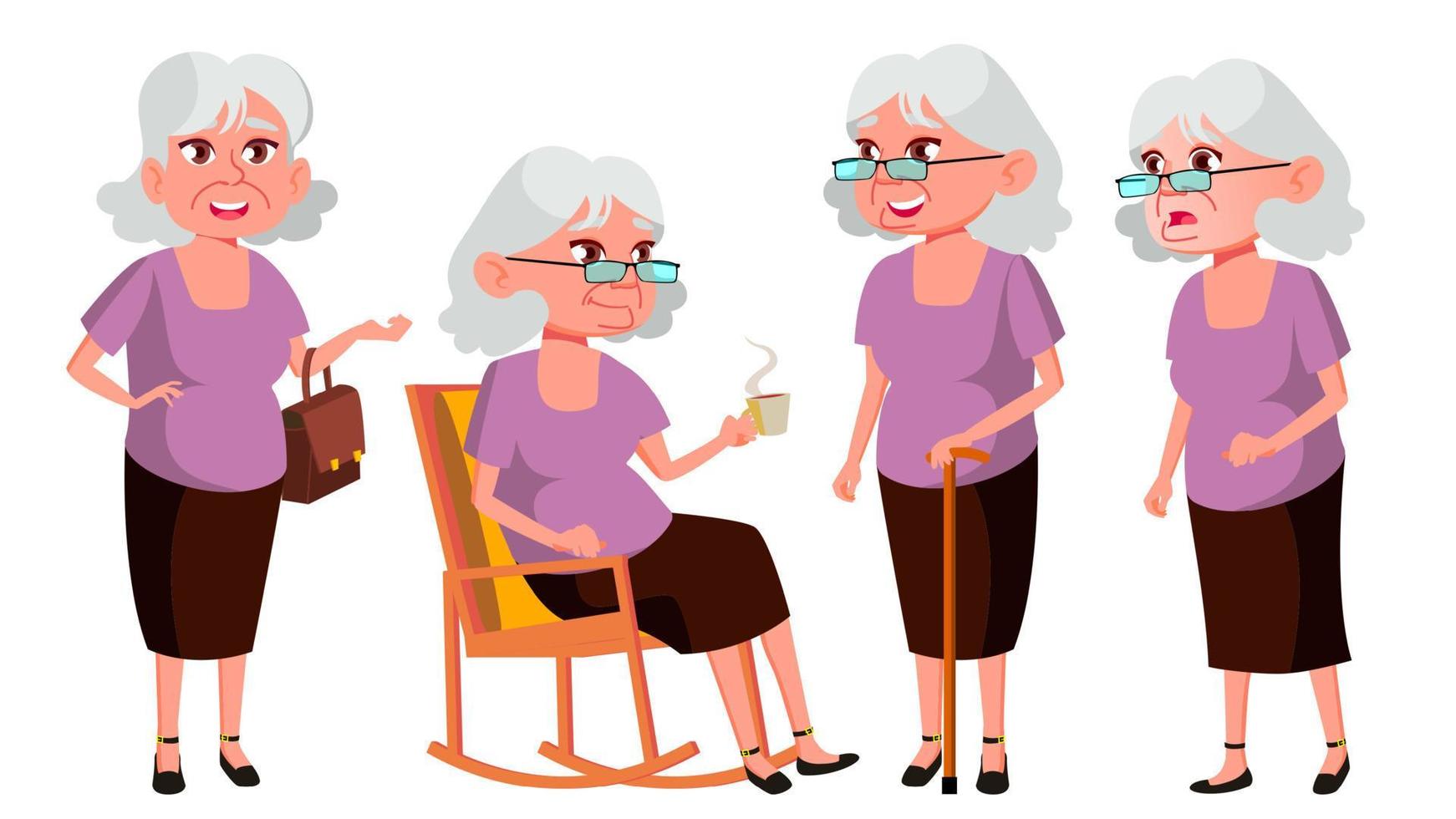 Old Woman Poses Set Vector. Elderly People. Senior Person. Aged. Beautiful Retiree. Life. Presentation, Print, Invitation Design. Isolated Cartoon Illustration vector