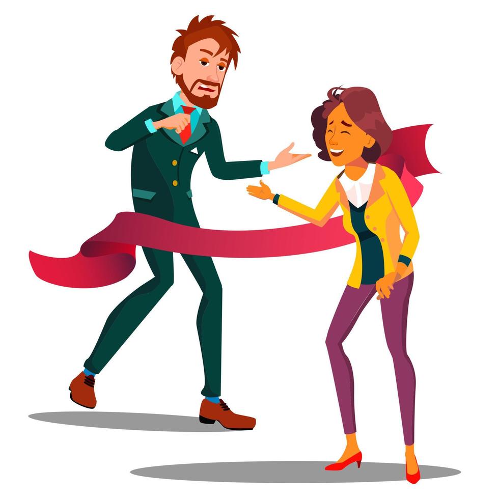 Help A Colleague, Woman Dragging The Hand Of Tired Colleague To The Finish Vector. Isolated Illustration vector