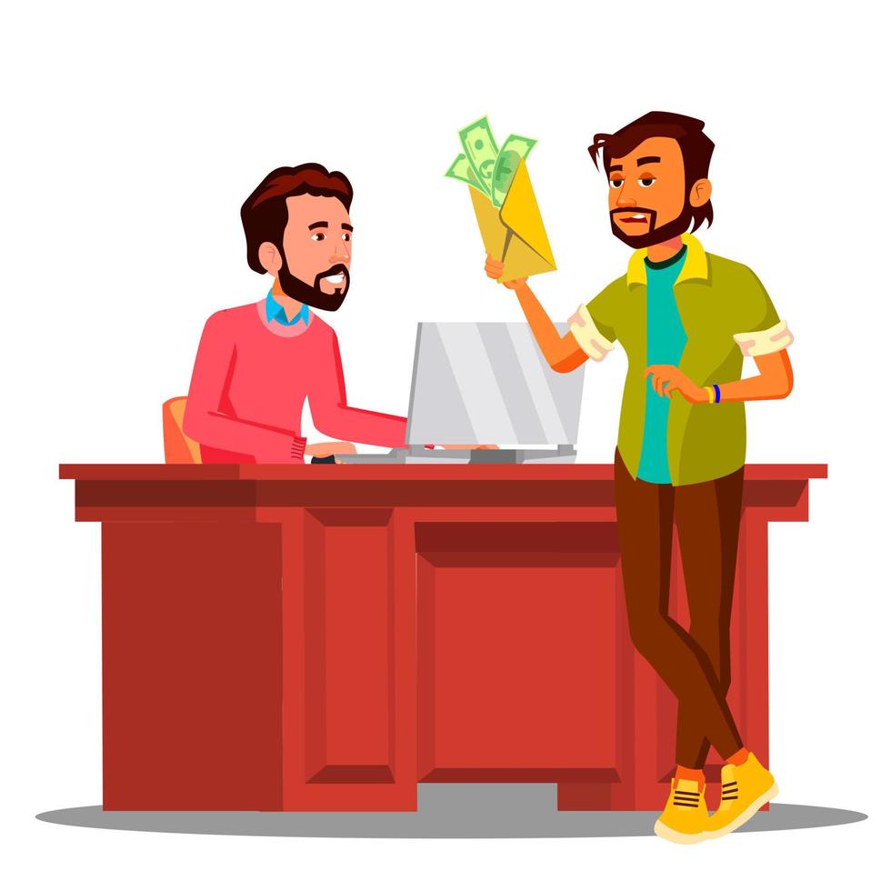 Corruption, Man Giving Money To Chief Sitting In Chair At The Table In Office Vector. Isolated Illustration vector