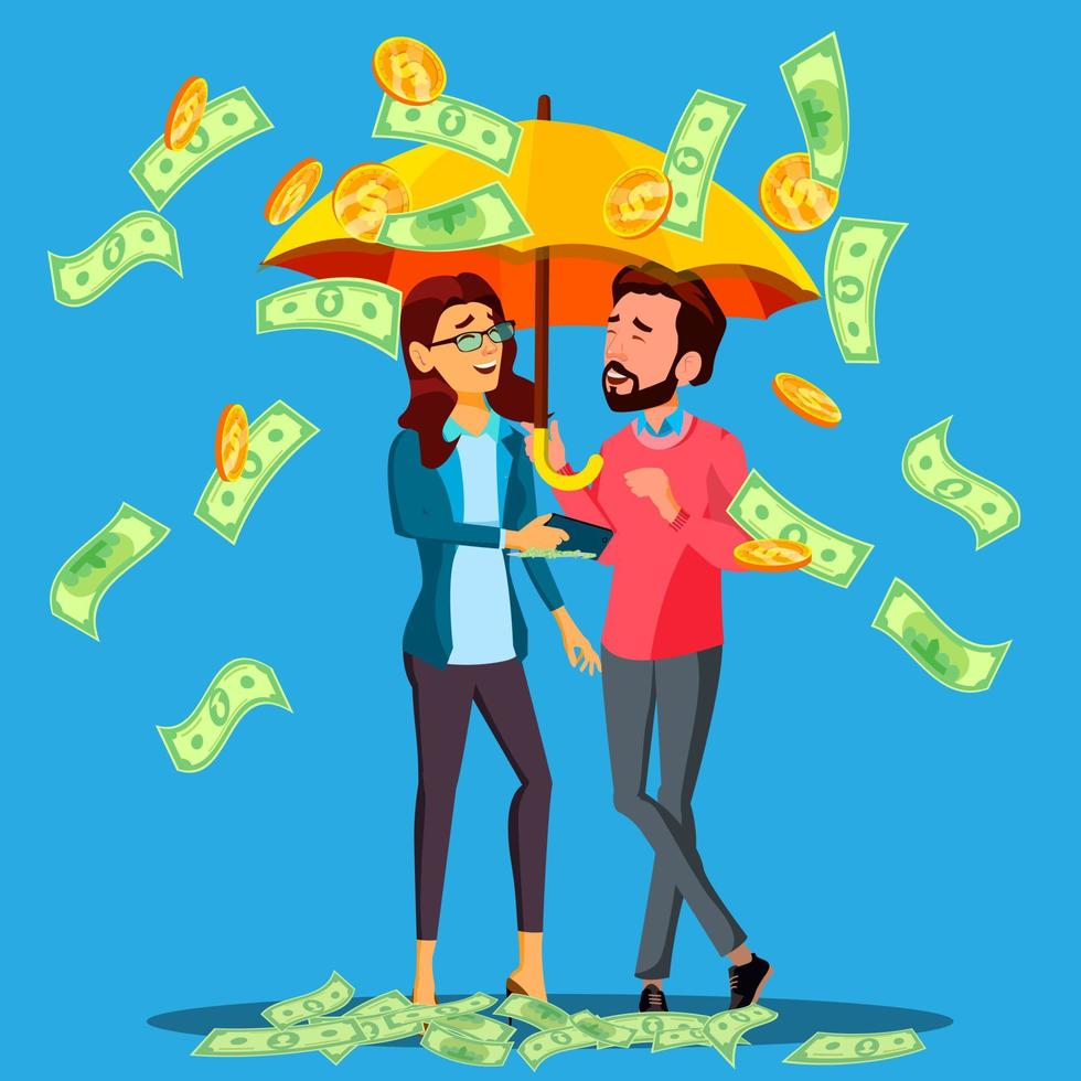 Financial Success, Business Man And Woman Stands Under Umbrella Under Falling Money Vector. Isolated Illustration vector