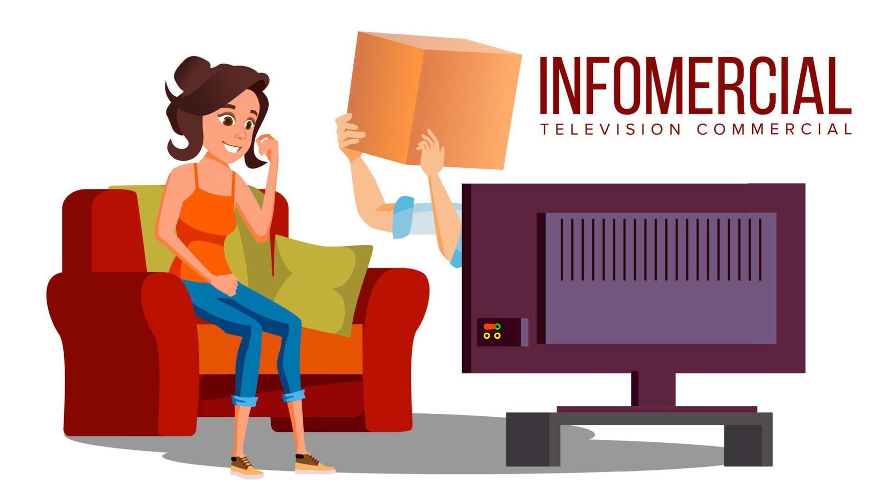 Infomercial, Shop On The Sofa, Woman Sitting On The Sofa In Front Of Tv And Delivery Hands Vector. Isolated Illustration vector