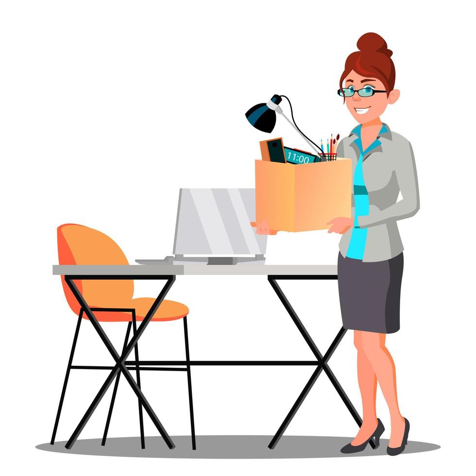 Happy Woman With Box With Things Near Table Getting A New Job Vector. Isolated Illustration vector