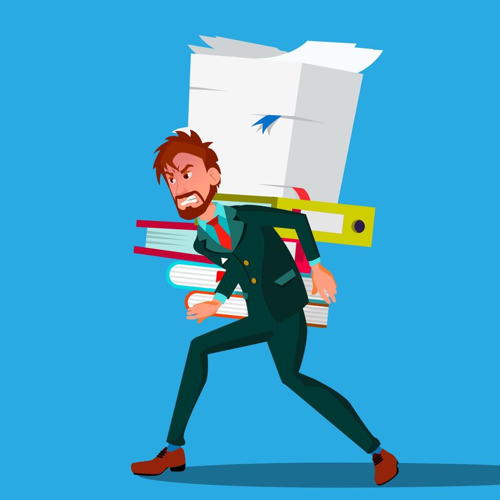 Businessman In Suit Bent Over Carrying A Stack Of Documents On His Back Vector. Isolated Illustration vector