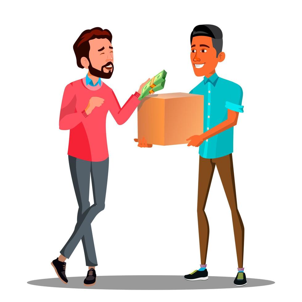 Money Goods Relationship, Man Giving Money To Man With A Product Vector. Isolated Illustration vector