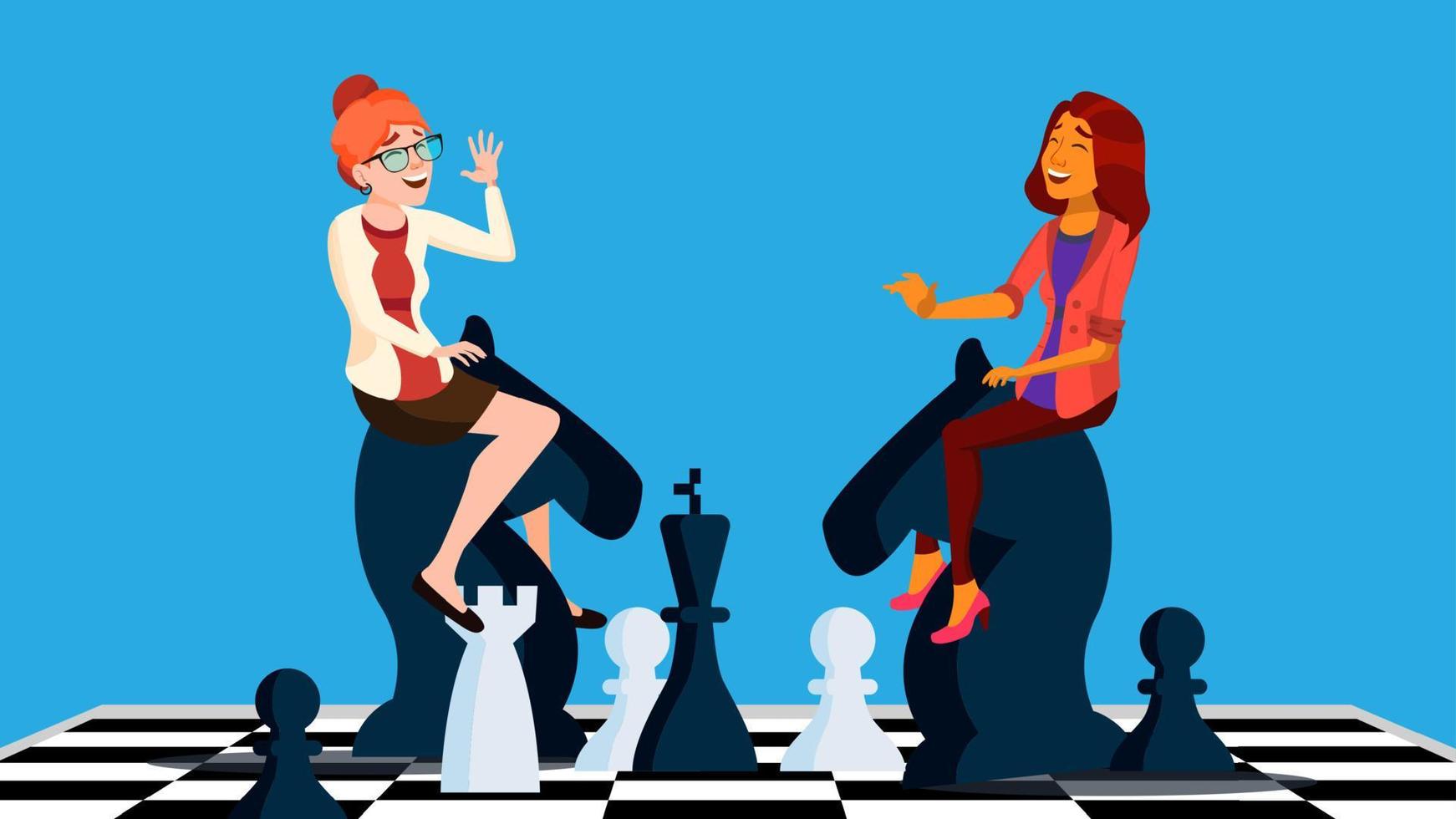 Business Competition Vector. Two Business Woman Riding Chess Horses Black And White To Meet Each Other. Illustration vector