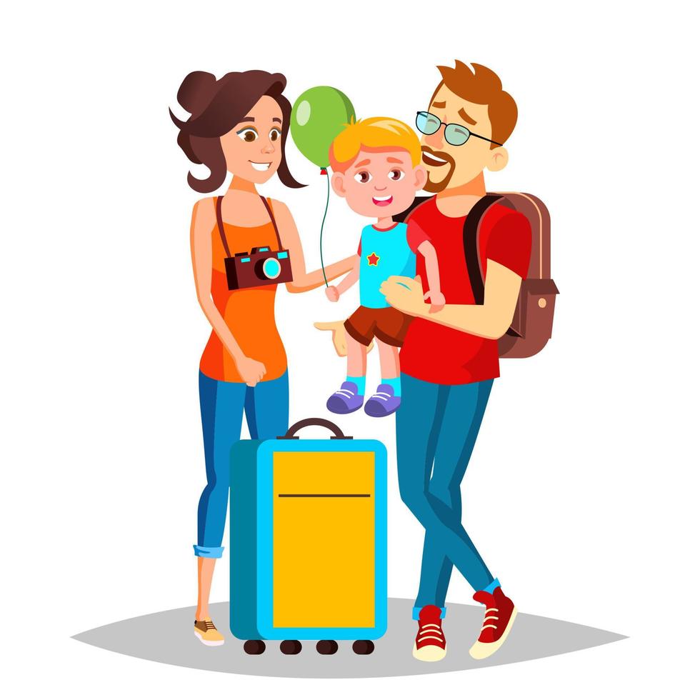 Young Family Traveling With A Small Child Vector. Isolated Illustration vector