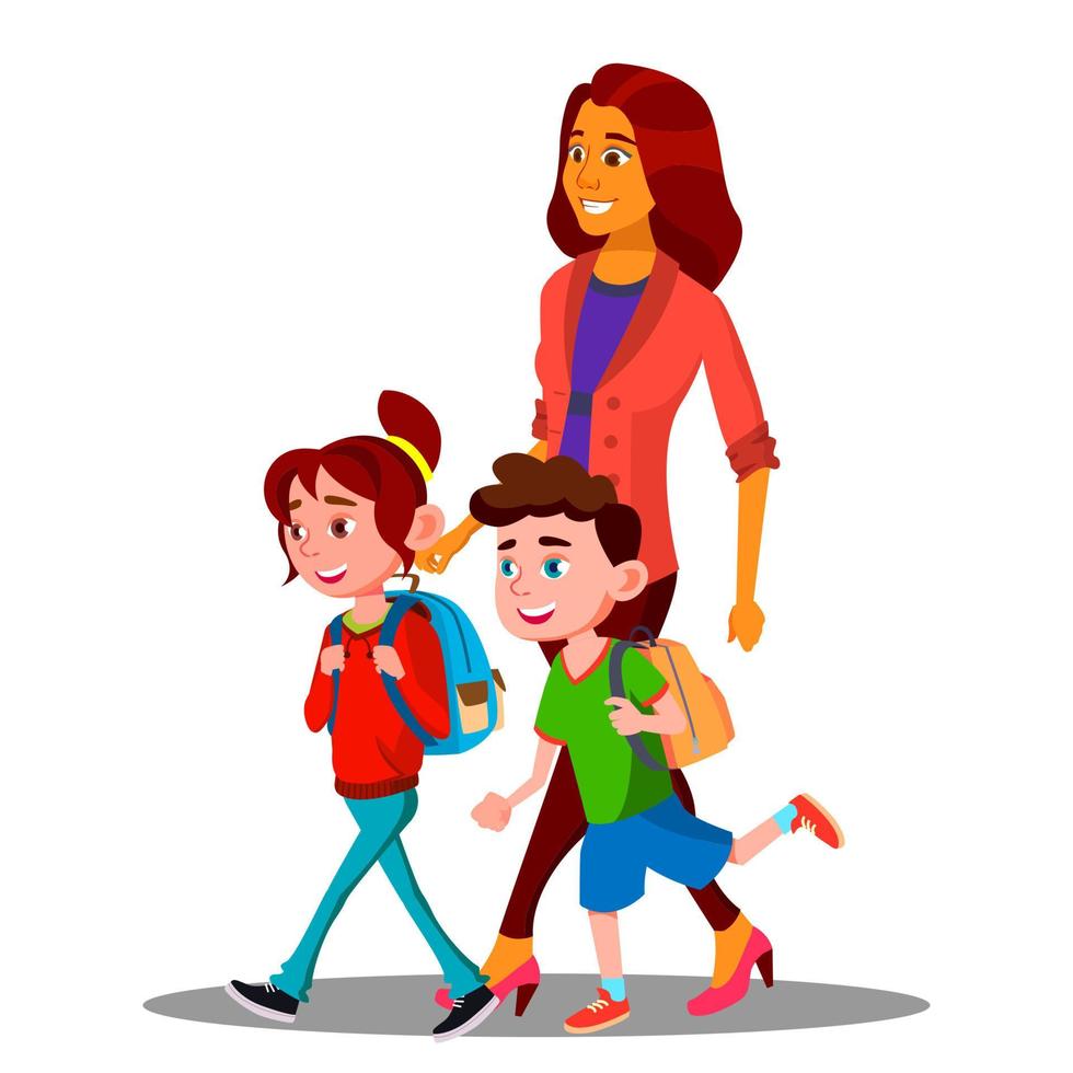 Mother Walking To School With Children In New School Year Vector. Isolated Illustration vector