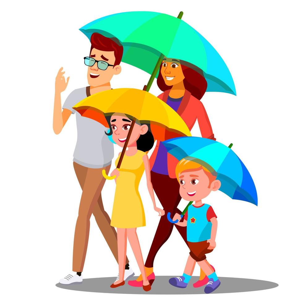familia sonriente en un paseo bajo paraguas en el vector de lluvia. ilustración aislada