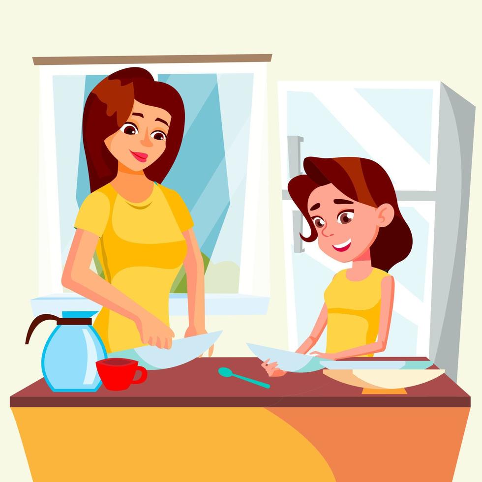Little Girl Helping Mother Wash Dishes In Kitchen Vector. Isolated Illustration vector