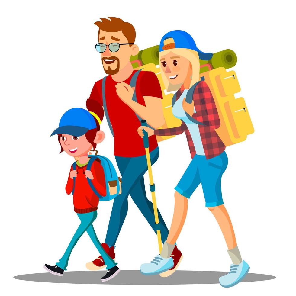 Family Go To Camping With Backpacks On Their Backs Vector. Isolated Illustration vector