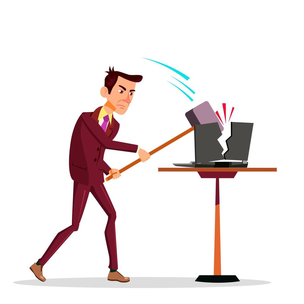Stressful Businessman Breaking His Laptop With Big Hammer Vector Flat Cartoon Illustration