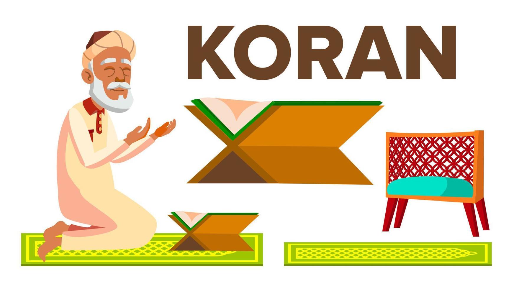 Character Muslim Old Man Reading Koran Vector