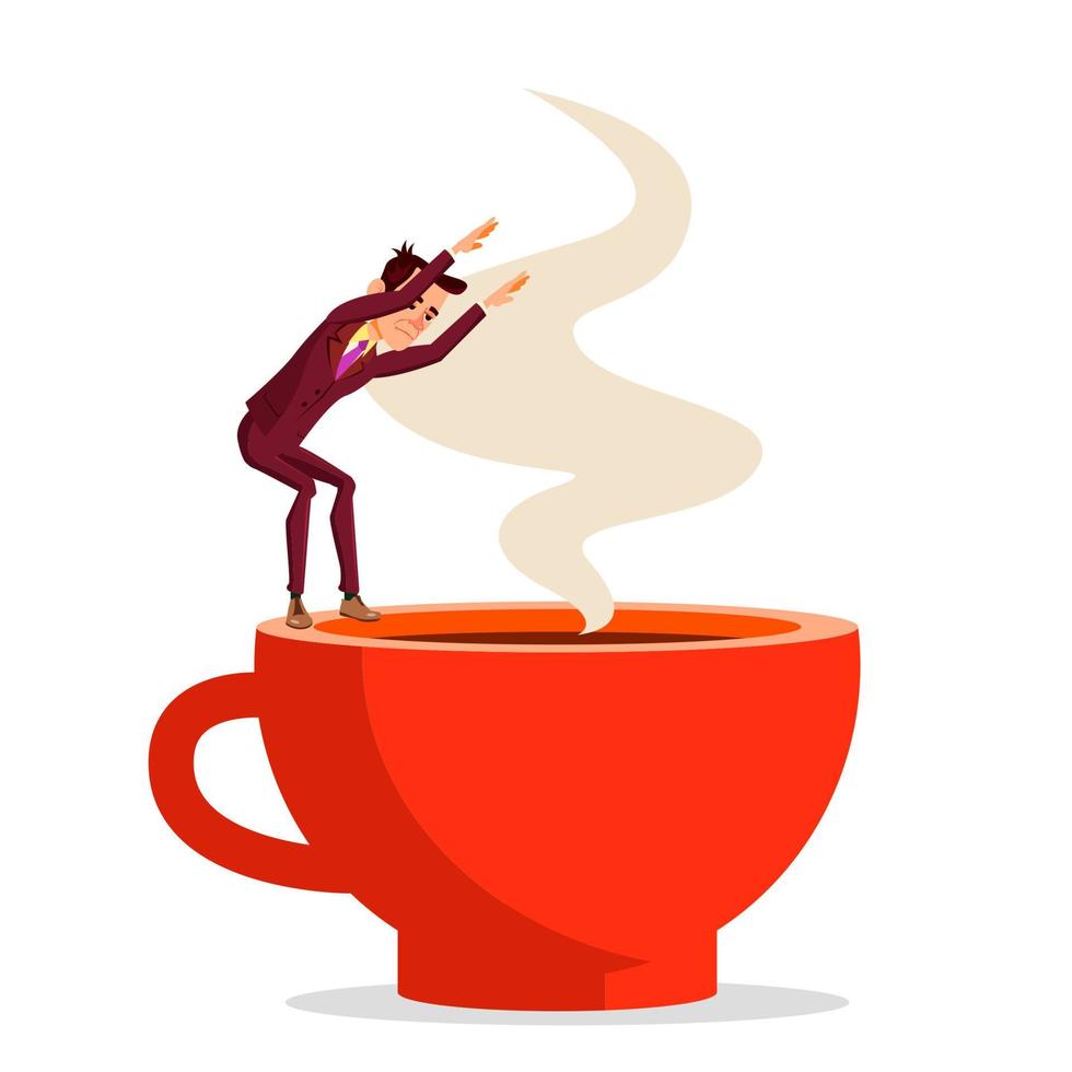 Businessman Stands On Edge Of Cup Of Coffee Ready To Jump Into It Vector Flat Cartoon Illustration