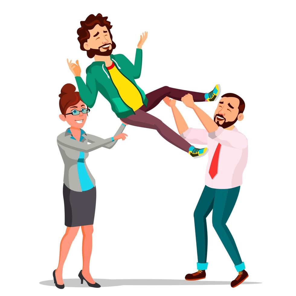 Customer Support, Employee In Business Suit Holding A Happy Client Over His Head Vector. Isolated Illustration vector