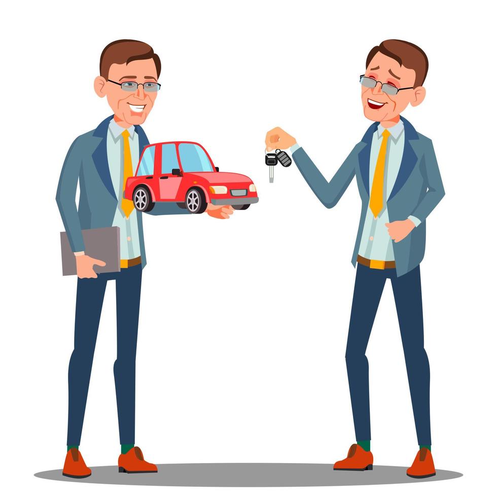 Smiling Insurance Agent Holding A Car In Hand Vector. Isolated Illustration vector