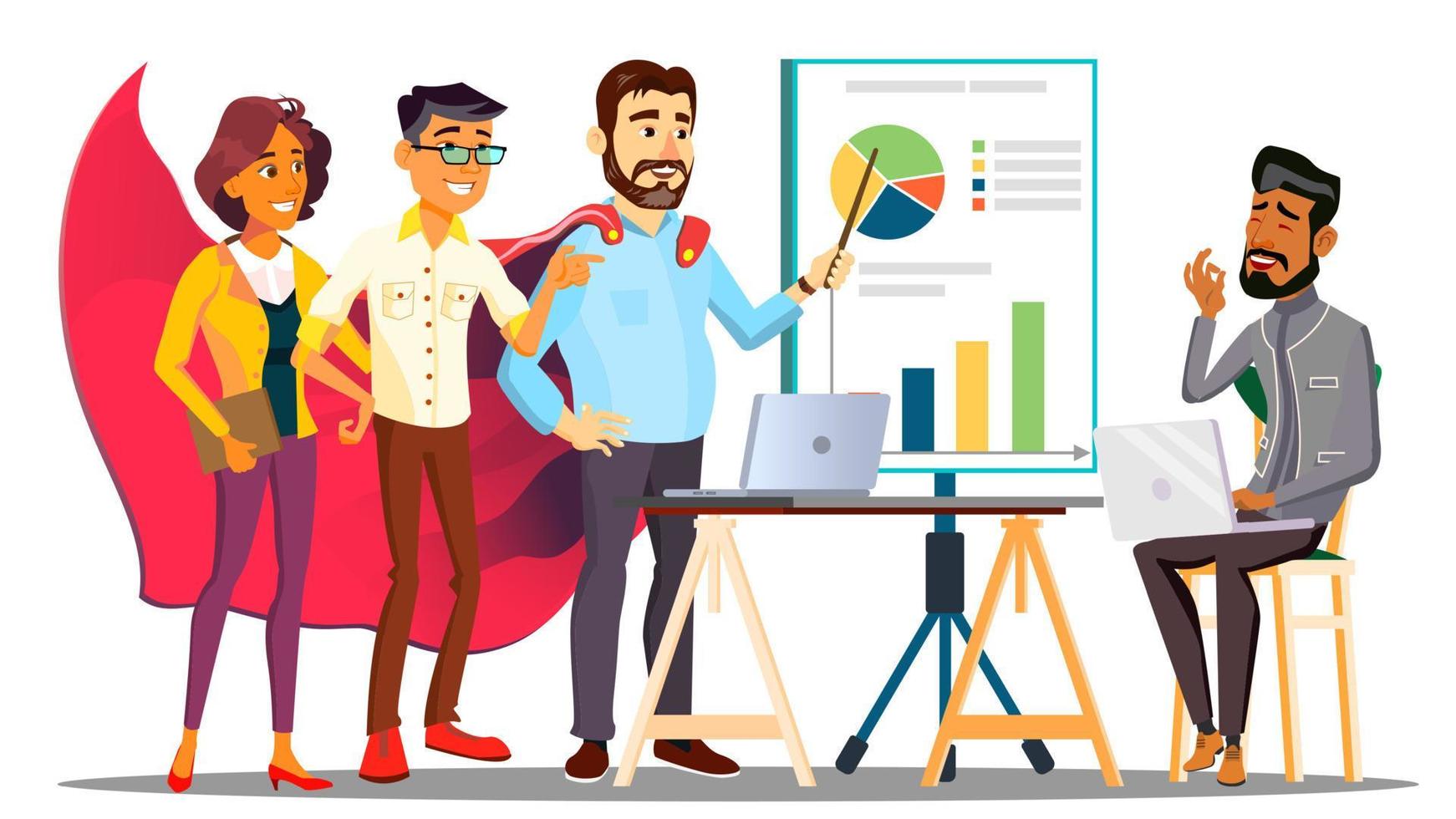 Office Hero Completing A Business Plan In Cloak Of Superhero Among Colleagues Vector. Isolated Illustration vector