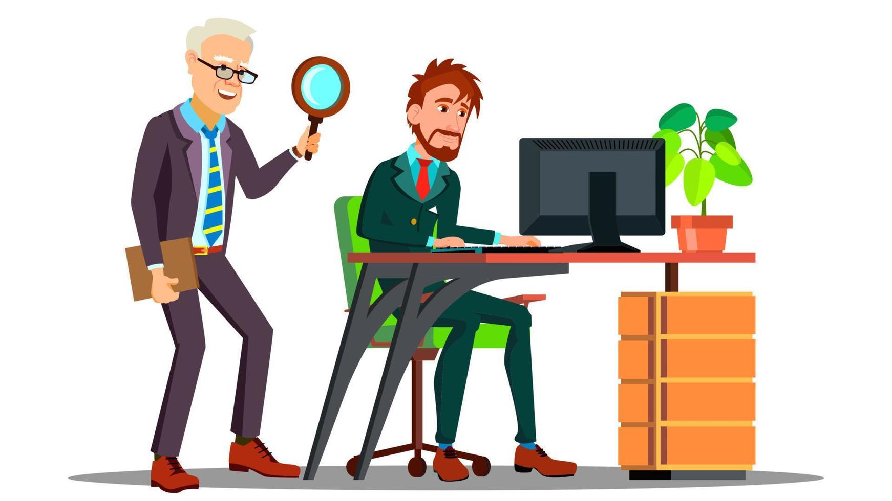 Business Espionage, Employee Holding Magnifier Standing Behind Employee At Desktop With Computer Vector. Isolated Illustration vector