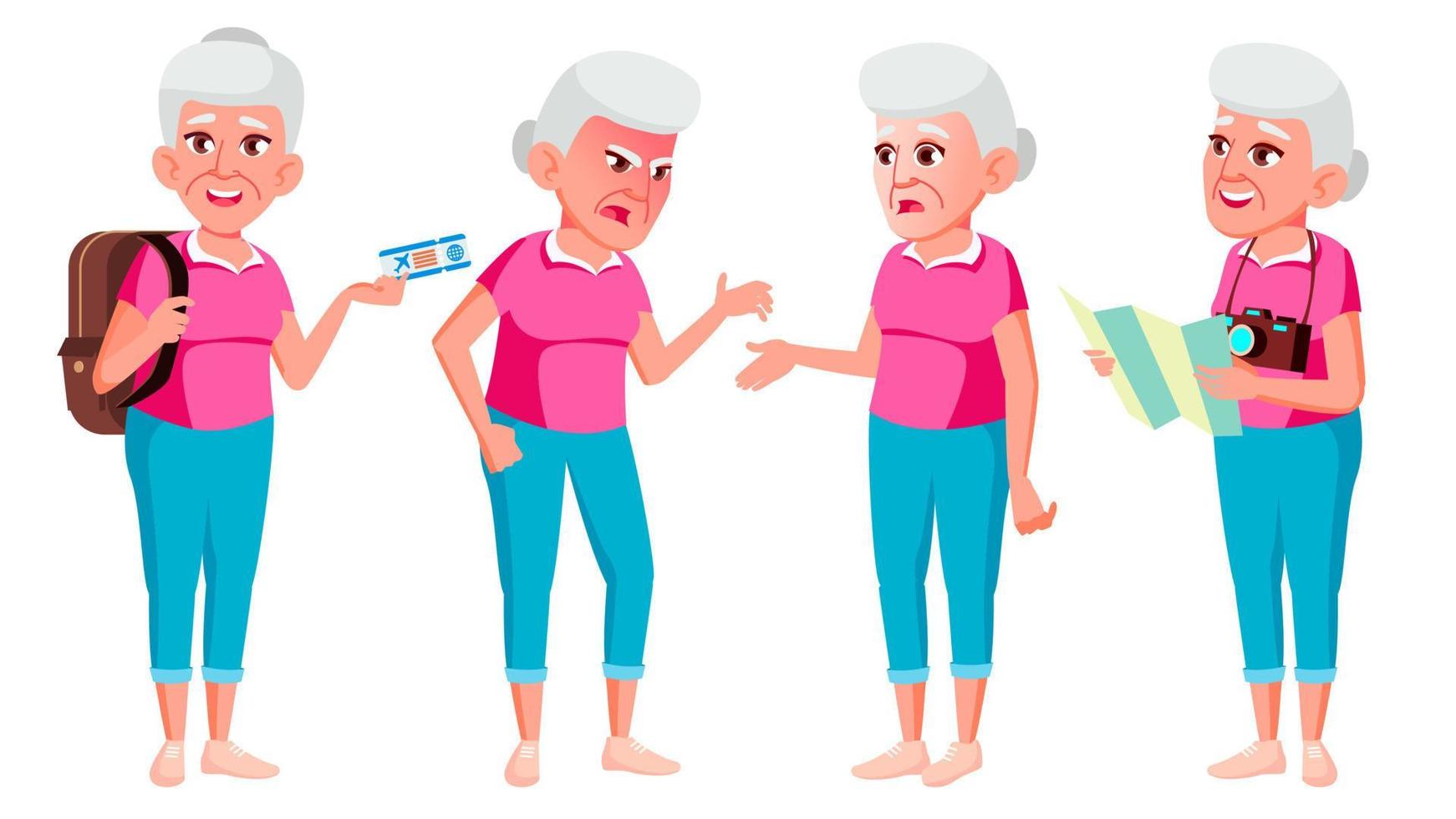 Old Woman Poses Set Vector. Elderly People. Senior Person. Aged. Tourist, Tourism. Caucasian Retiree. Smile. Advertisement, Greeting, Announcement Design. Isolated Cartoon Illustration vector