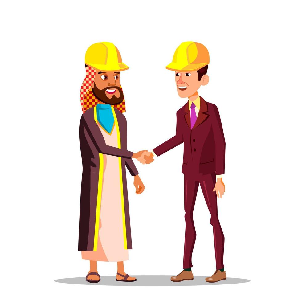 negocios inmobiliarios y de la construcción. hombres de negocios árabes y caucásicos dándose la mano en cascos amarillos vector ilustración de dibujos animados plana