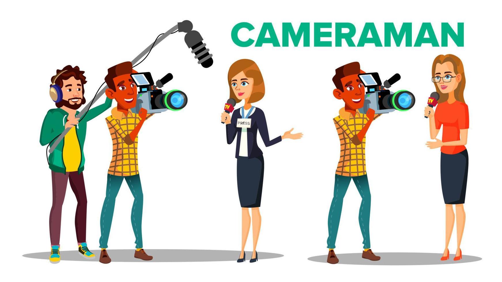 Cameraman Filming Journalist Interview Cartoon Vector Character