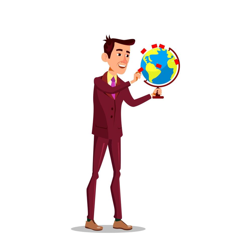 Businessman With A Globe And Pointer Mark Flag Vector Flat Cartoon Illustration