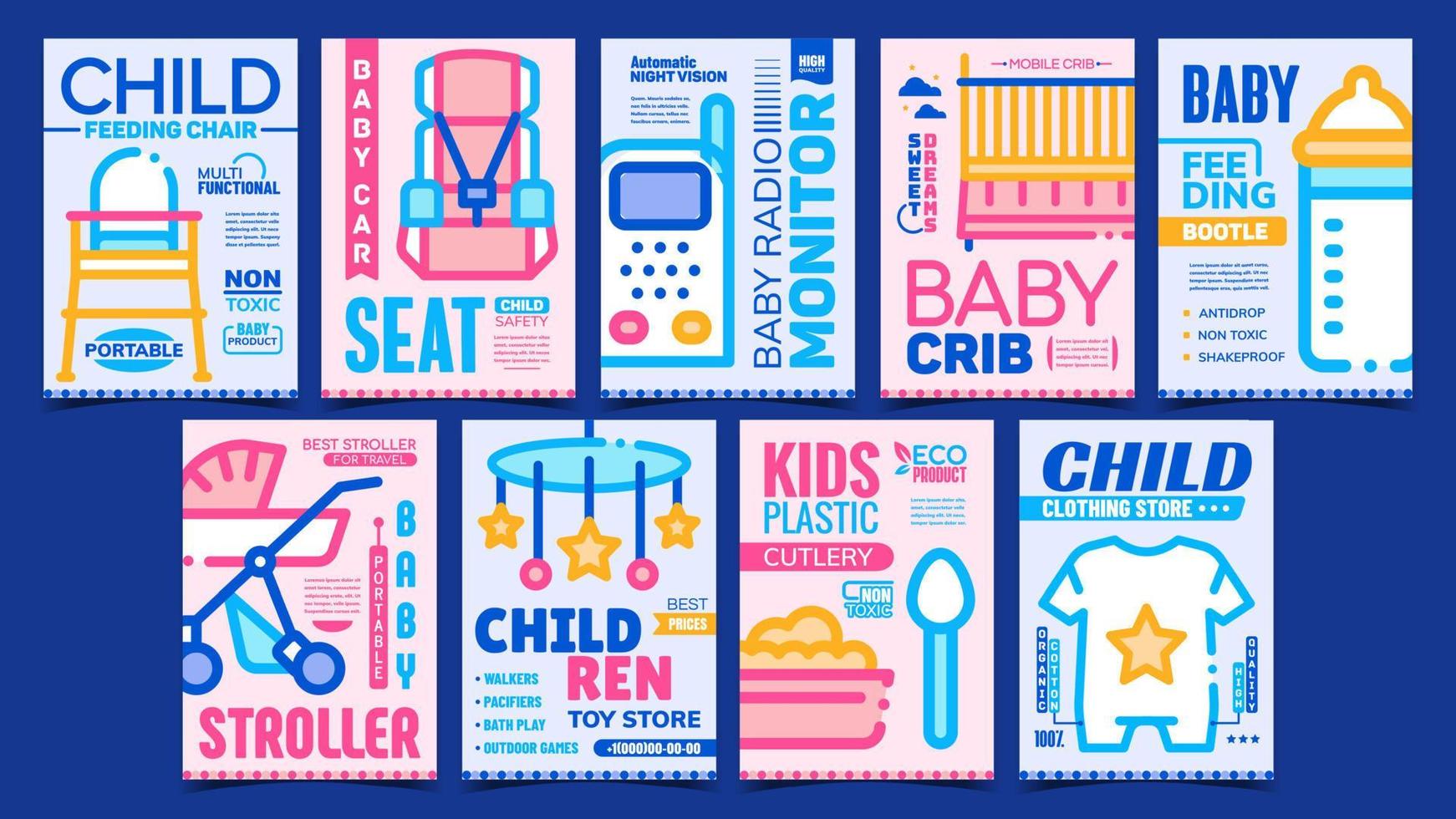 accesorios para bebés carteles publicitarios set vector