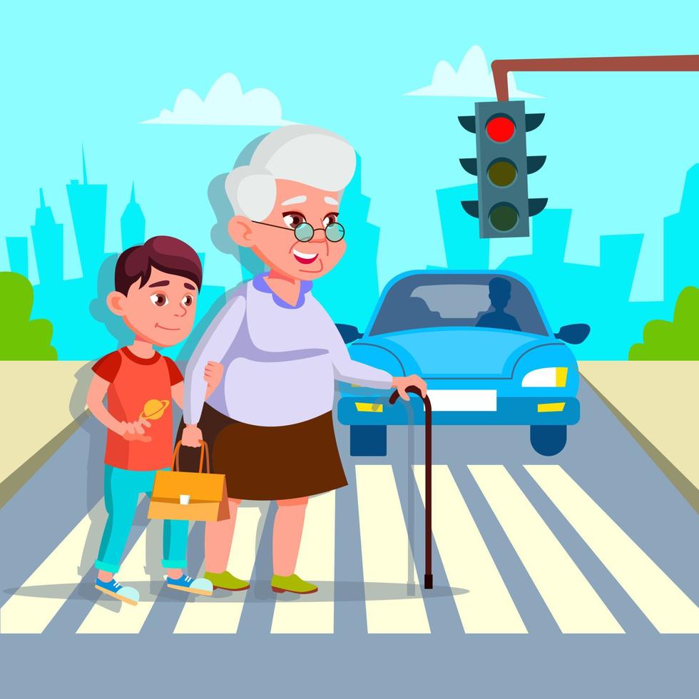 Boy Helping Senior Woman Crossing Street Vector Drawing