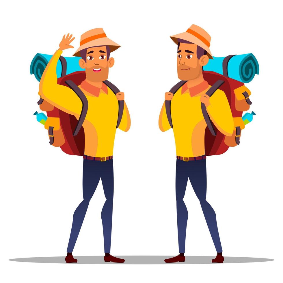 Character Man Hiker With Large Backpack Vector