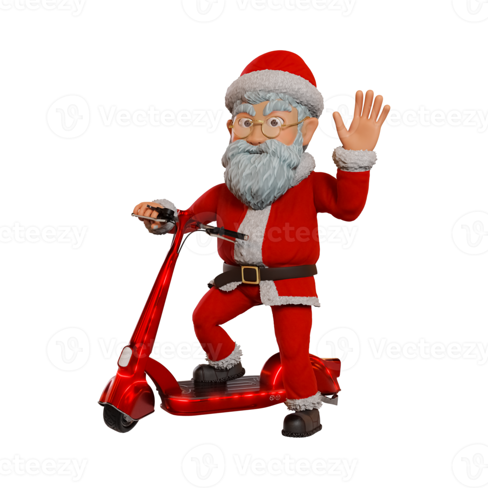 Der Weihnachtsmann fährt auf einem roten E-Scooter im Vintage-Stil und winkt der Kamera zu. png