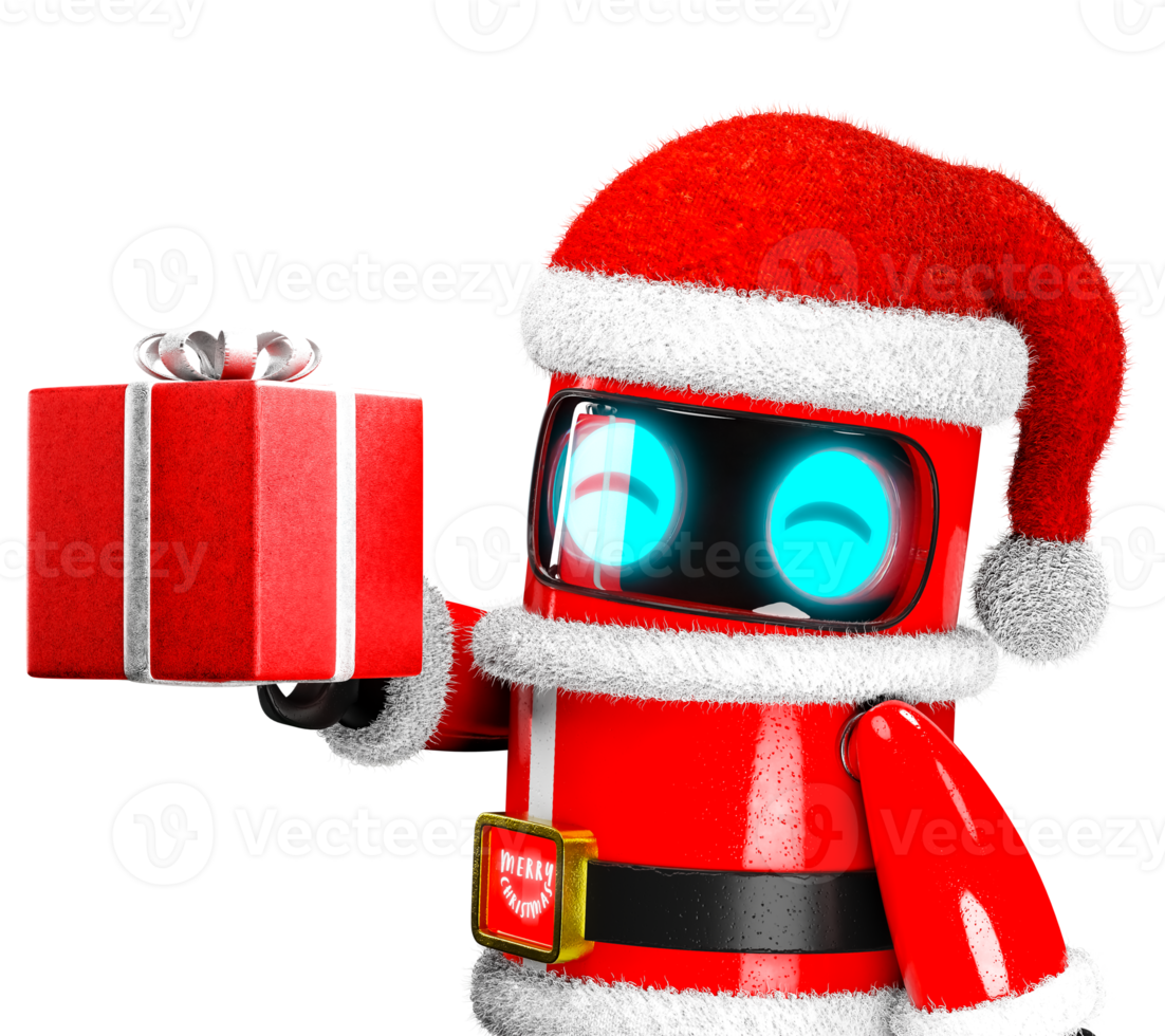 a friendly robot Santa with a present package in his hands. png