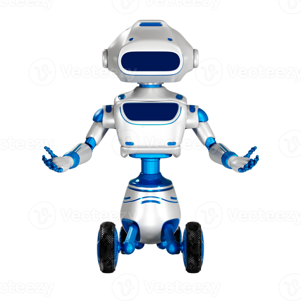 ein weiß-blauer roboter mit künstlicher intelligenz steht. png