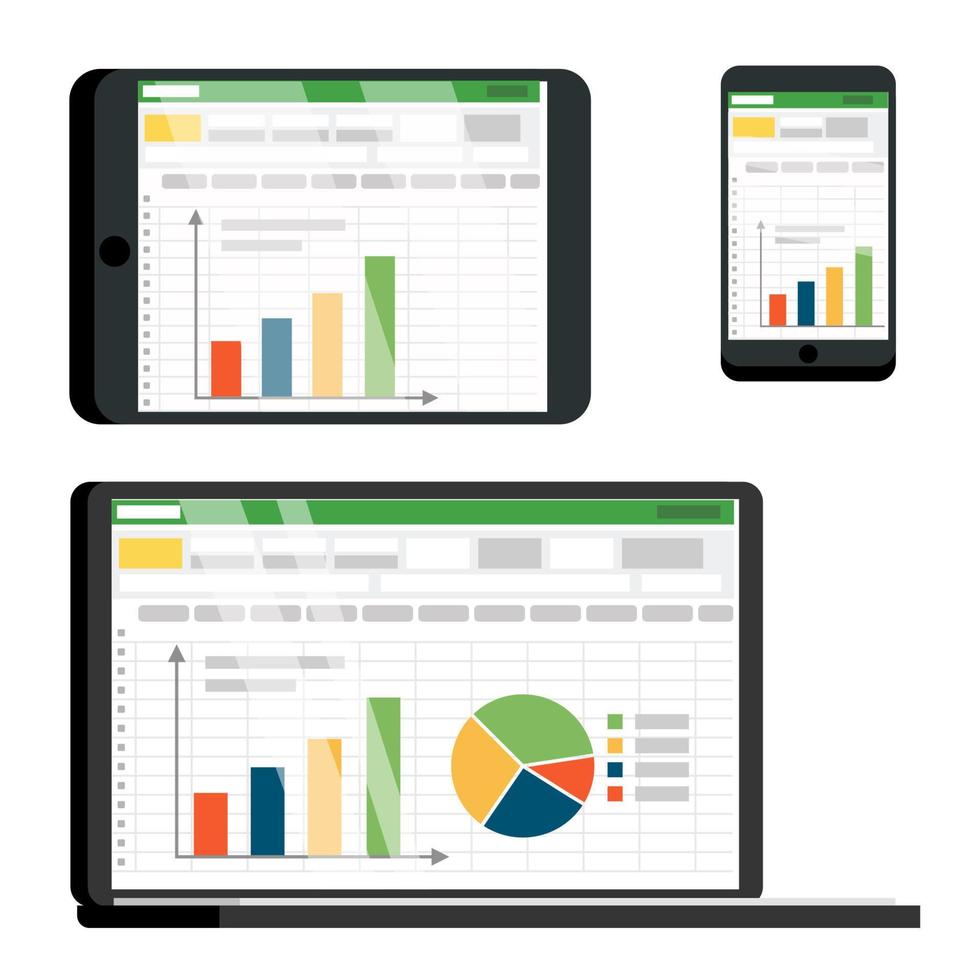 Spreadsheet Table On Tablet, Smartphone Vector Screen Set