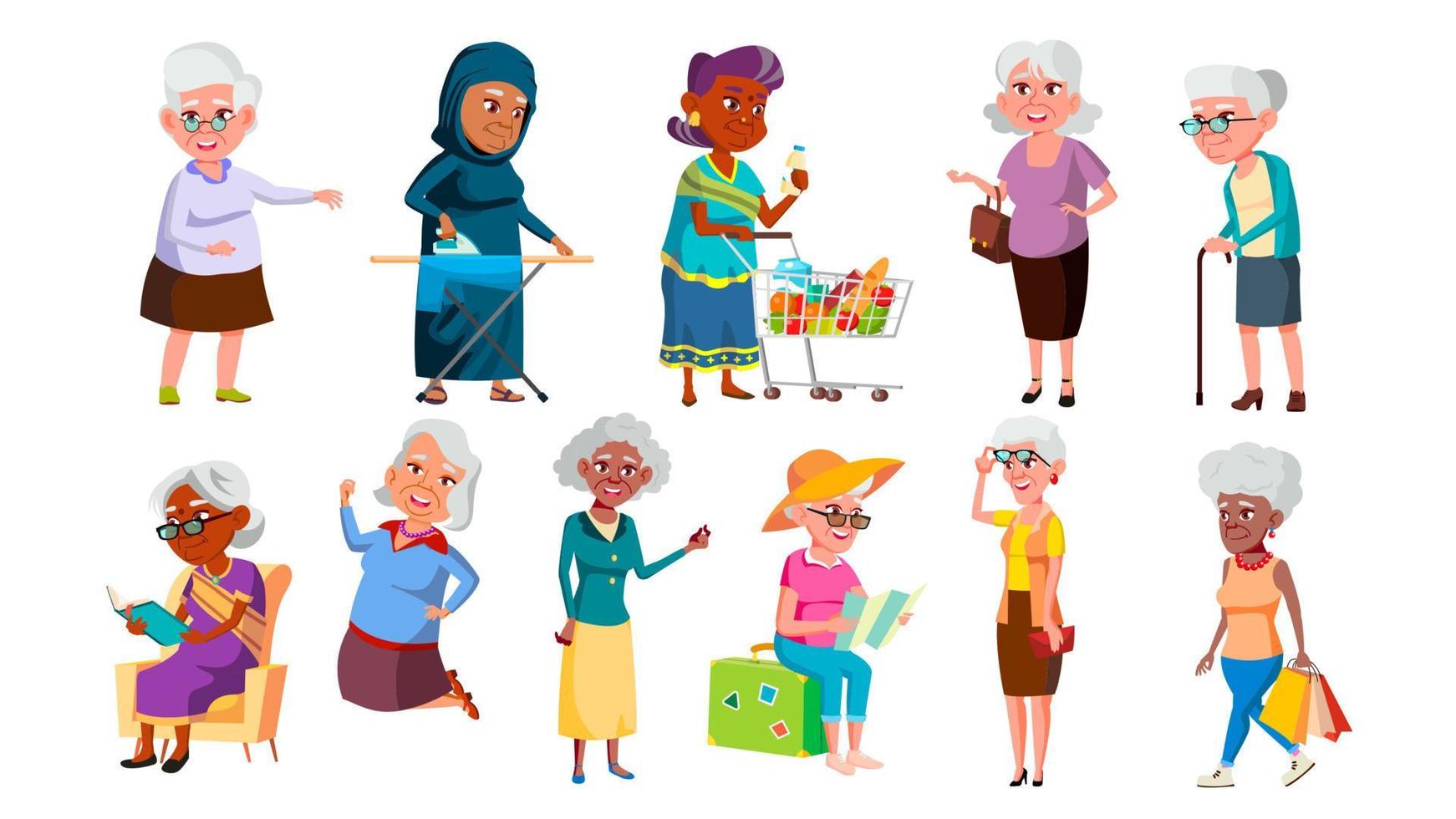 Collection Of Mulicultural Old Granny Set Vector