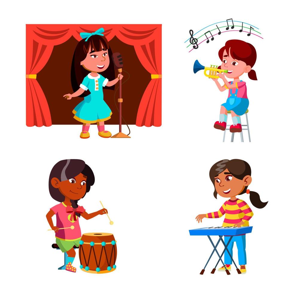 Kids Girls Playing Music Orchestra Set Vector