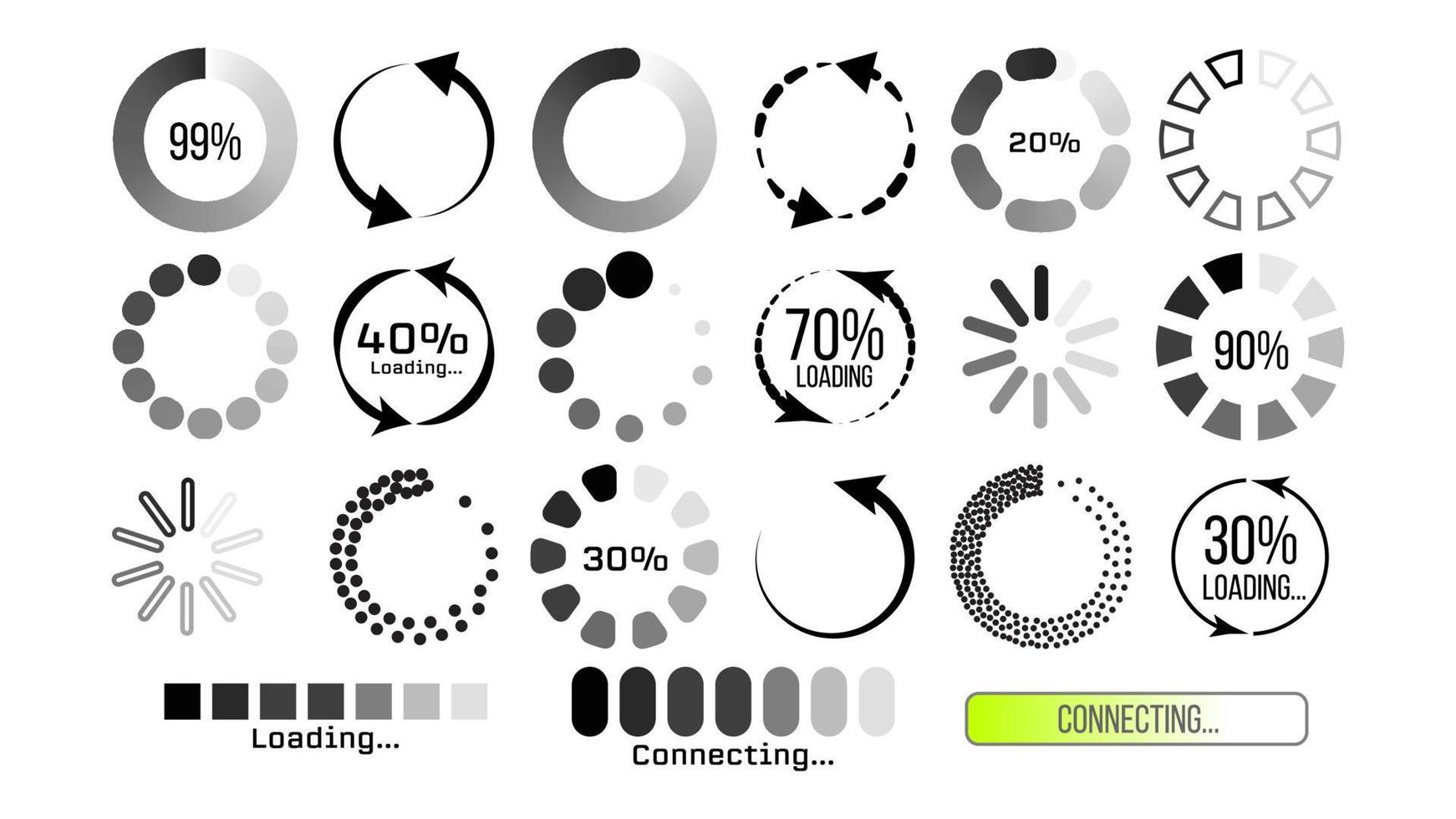 Loading, Buffering, Downloading, Uploading Vector Symbols Set