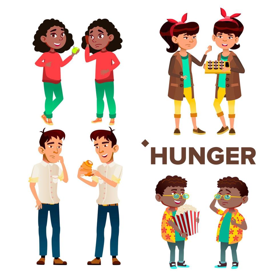 Character Girl And Boy Feeling Hunger Set Vector