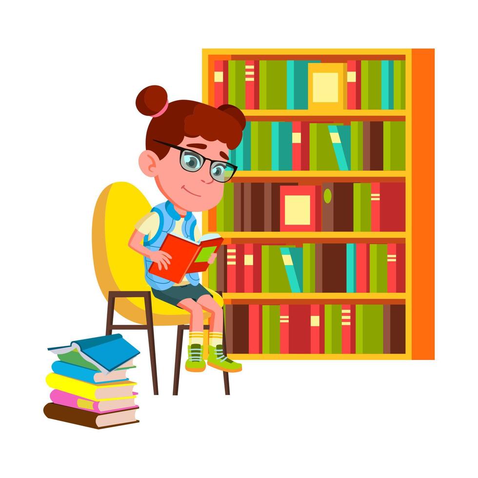 niña leyendo libro educativo en vector de biblioteca