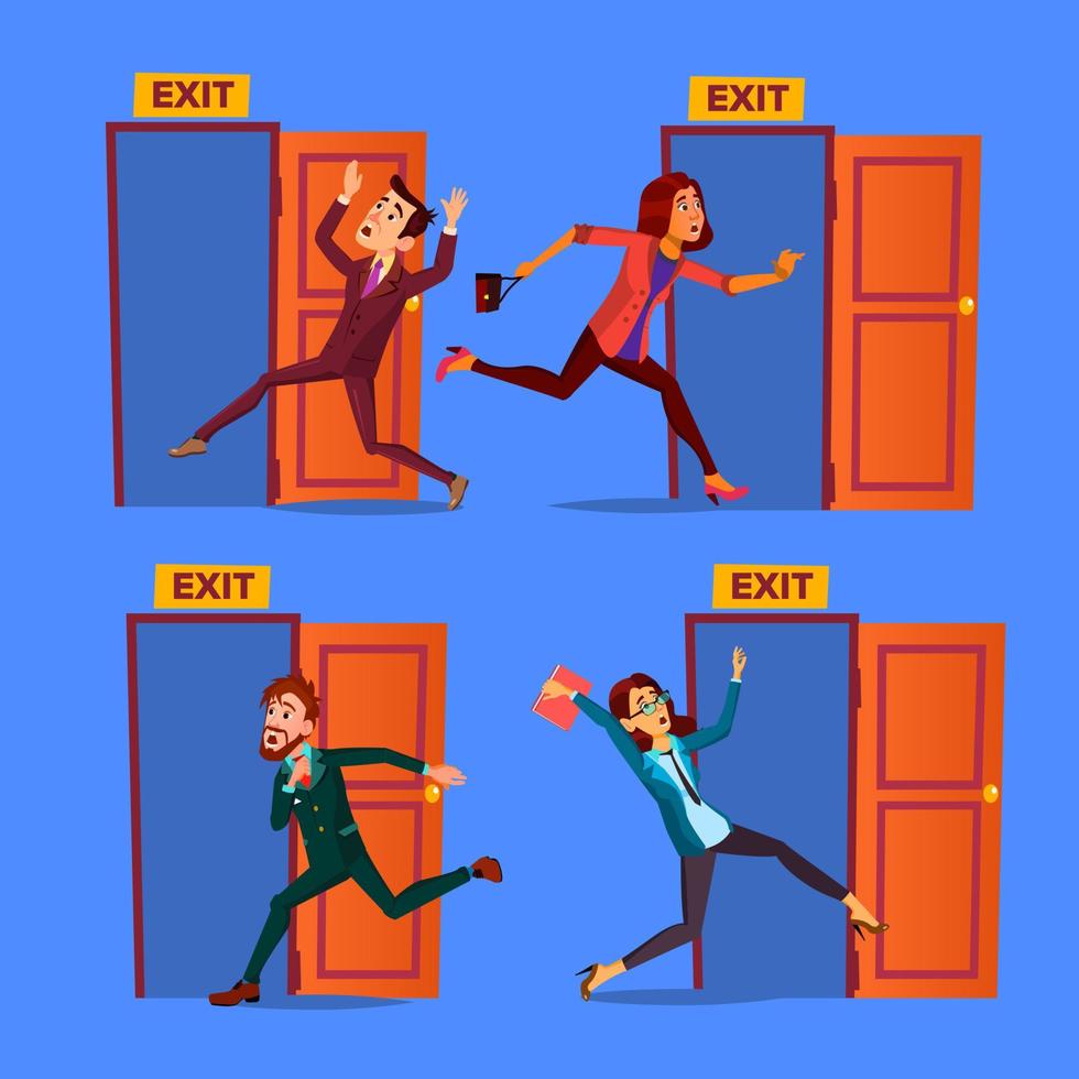 Character Evacuation To Open Door Exit Set Vector