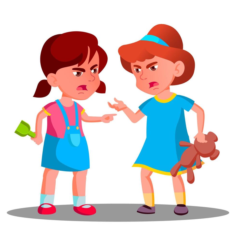 Argue Child Girls Vector. Argue People Concept. Quarrel Person On Playground. Conflict And Problem. Illustration vector