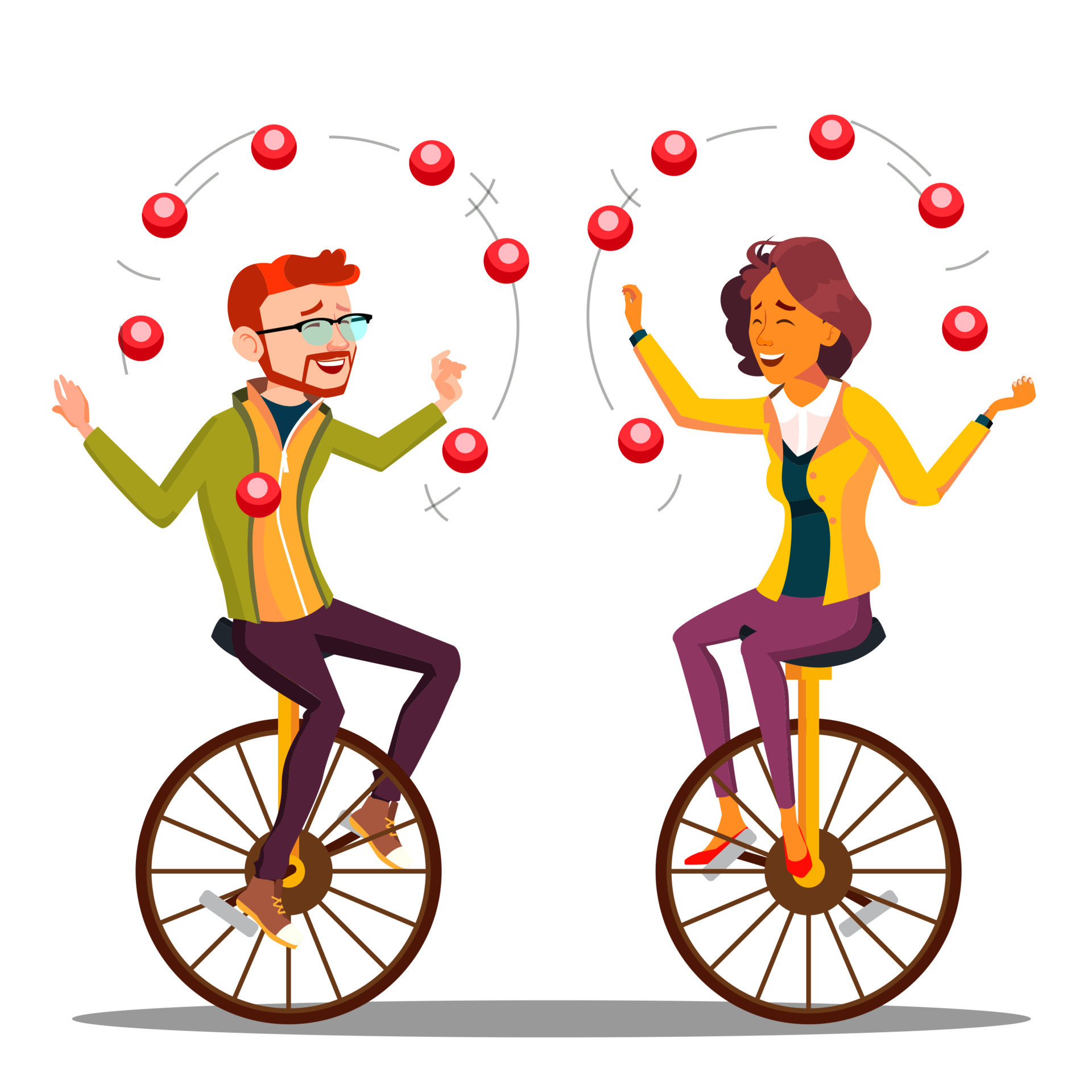 Juggling People Vector. Business Man, Woman Juggling On Unicycle