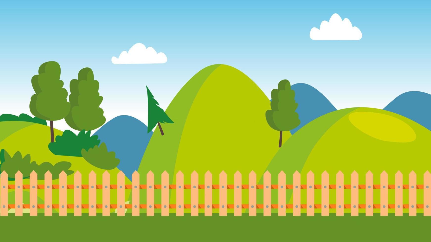 Backyard, Wooden Fence, Cartoon Lawn Vector Panorama